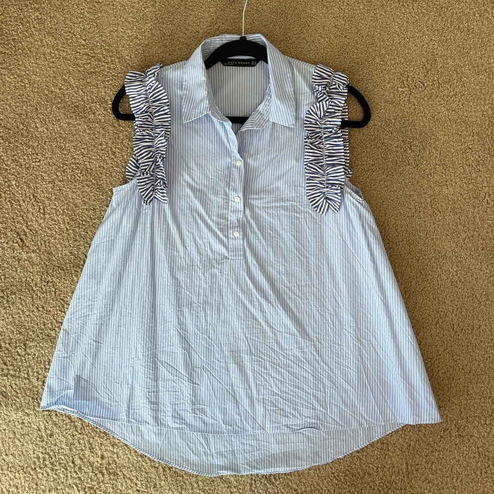 ZARA pinstripe blue white oversized collared blouse with ruffle detail